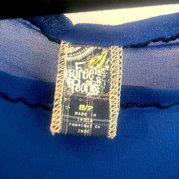 Free People Sheer blouse, Royal Blue, with Black embroidery, Size Small - Picture 5 of 5